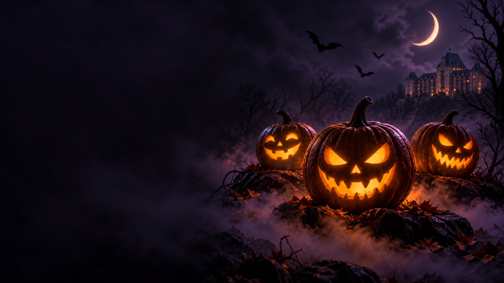 Glowing jack-o’-lanterns, fog and bats beneath a crescent moon